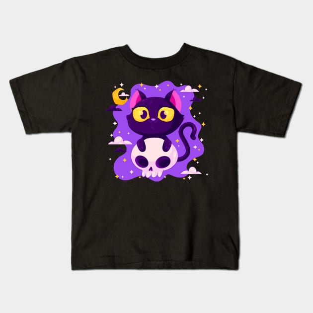 Cute Black Cat Kids T-Shirt by CatMarceline